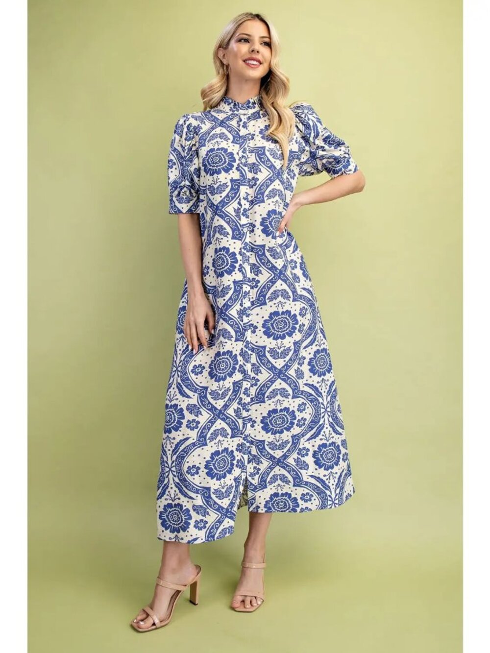 Blue & White Floral Maxi Dress - Classic High Neck